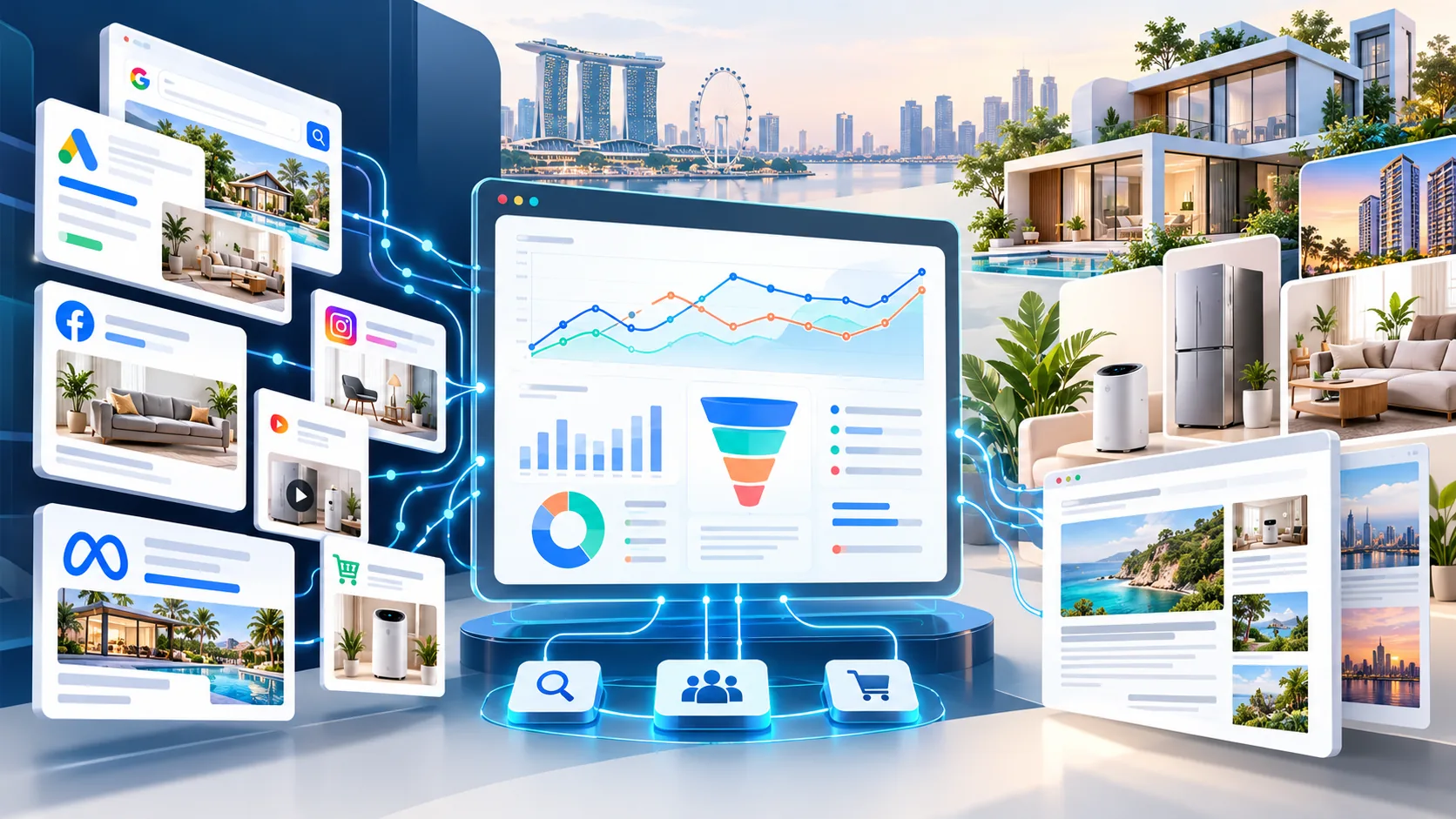 Concept illustration of search and social advertising connected to conversion reporting and ecommerce and property website experiences